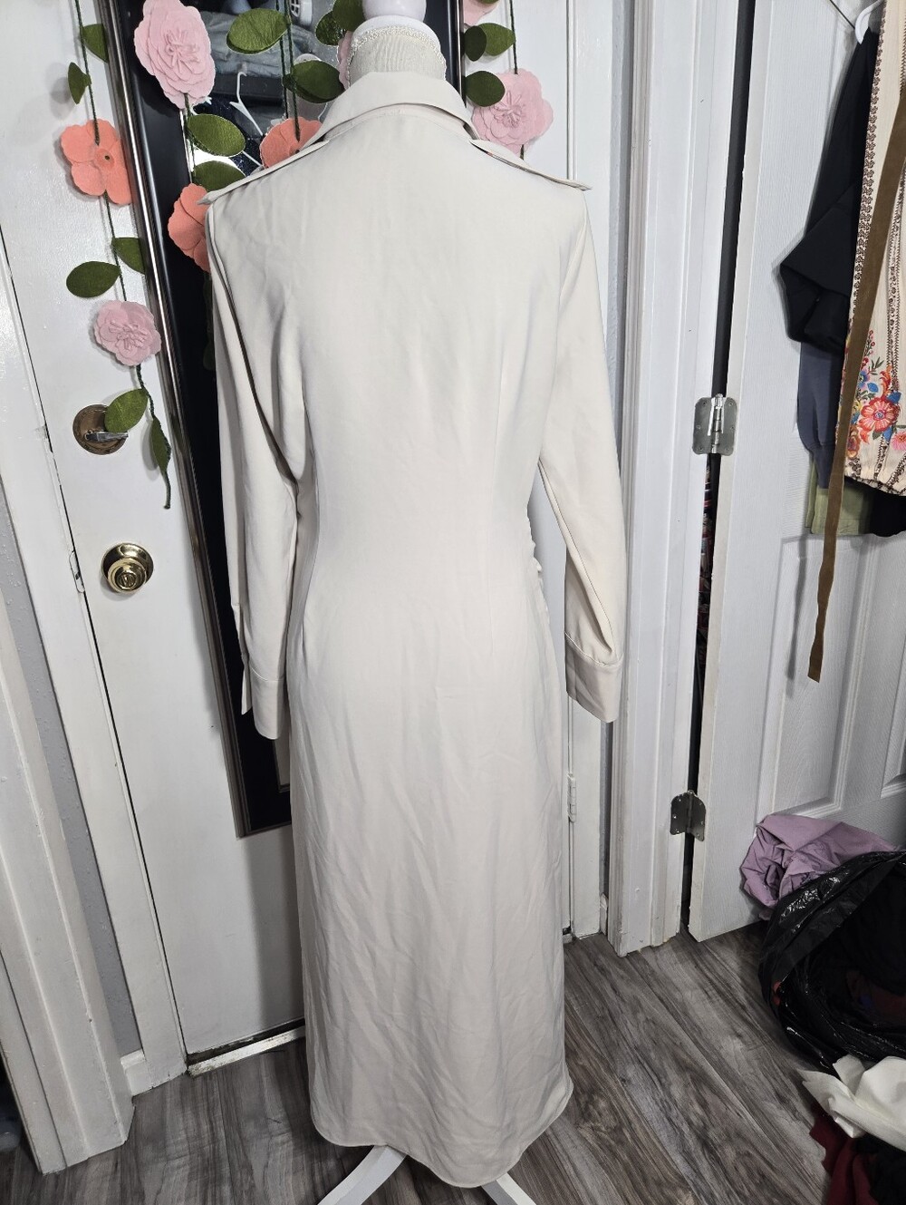 Zara Woman Draped Waist Midi Dress Sz L Cream Color Front Slit - Picture 10 of 13